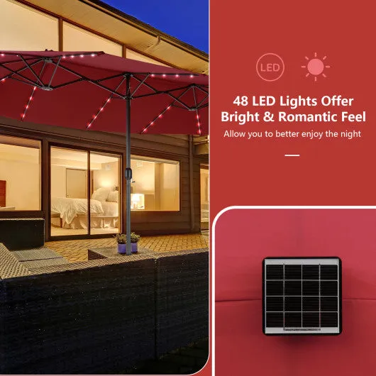 15 Feet Double-Sided Patio Umbrella with 48 LED Lights-Dark Red