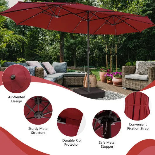 15 Feet Double-Sided Patio Umbrella with 48 LED Lights-Dark Red