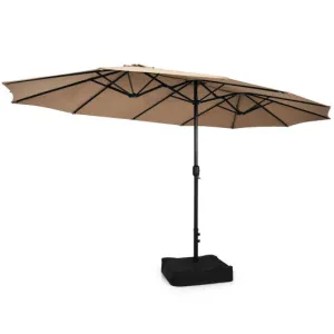 15 Feet Double-Sided Twin Patio Umbrella with Crank and Base-Brown