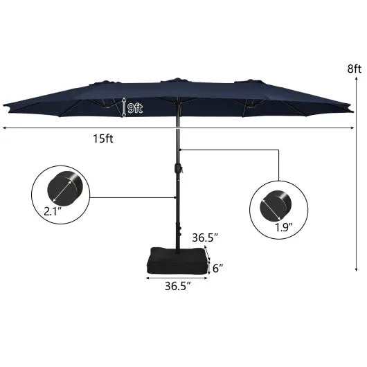 15 Feet Double-Sided Twin Patio Umbrella with Crank and Base-Navy