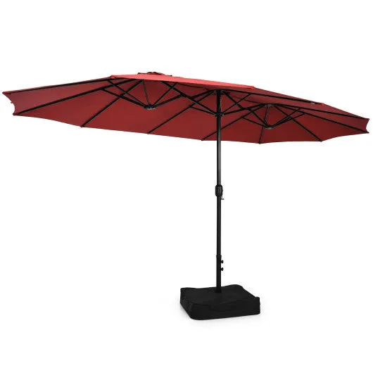 15 Feet Double-Sided Twin Patio Umbrella with Crank and Base-Red