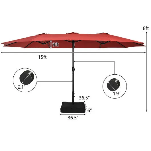 15 Feet Double-Sided Twin Patio Umbrella with Crank and Base-Red