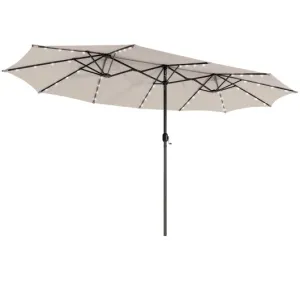 15 Feet Twin Patio Umbrella with 48 Solar LED Lights-Beige