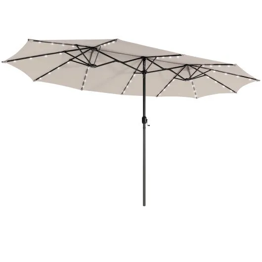 15 Feet Twin Patio Umbrella with 48 Solar LED Lights-Beige