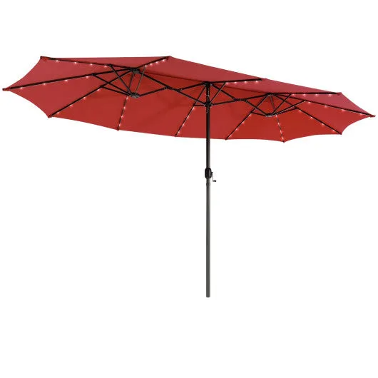 15 Feet Twin Patio Umbrella with 48 Solar LED Lights-Dark Red