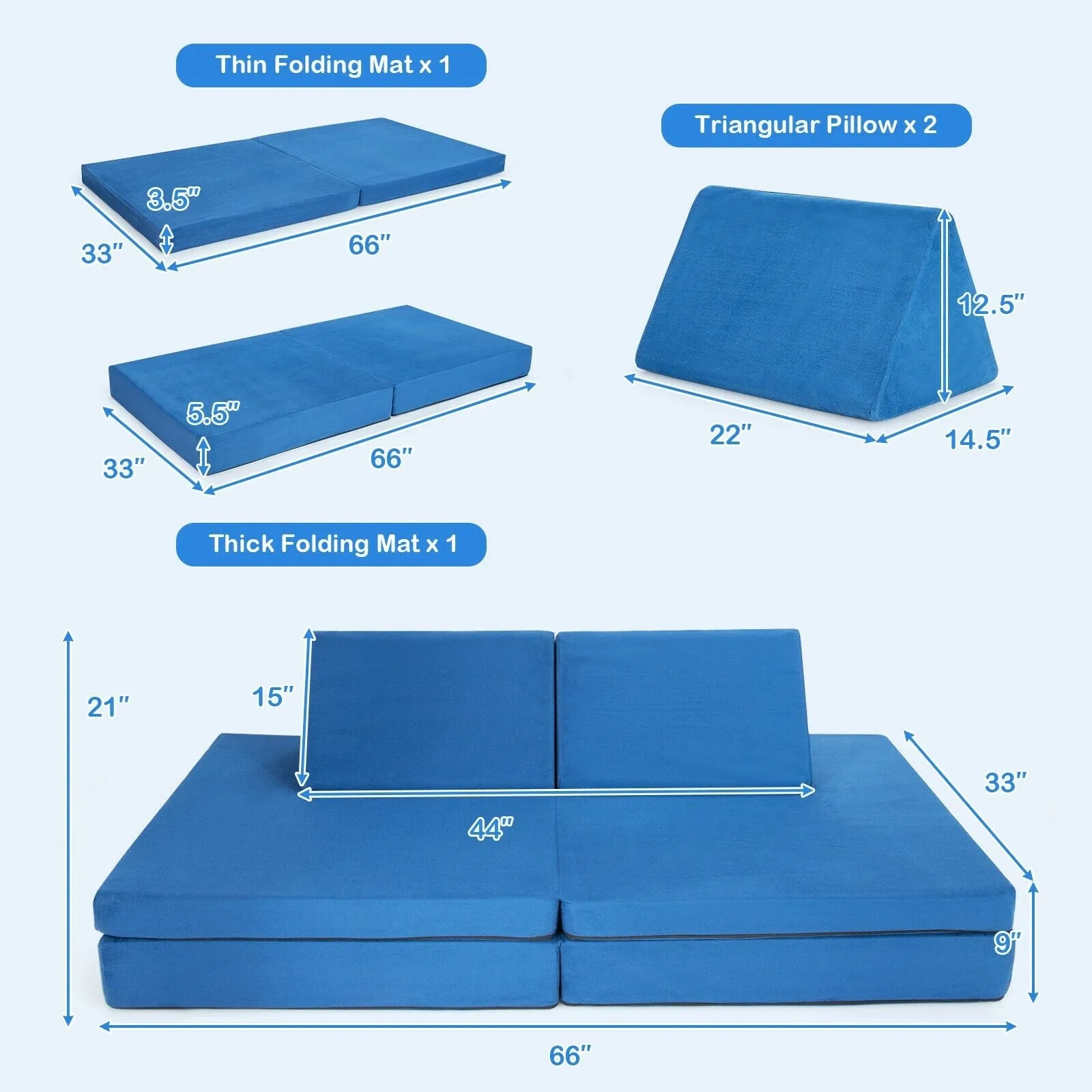 4-Piece Convertible Kids Couch Set with 2 Folding Mats and 2 Triangular Pillows - Blue