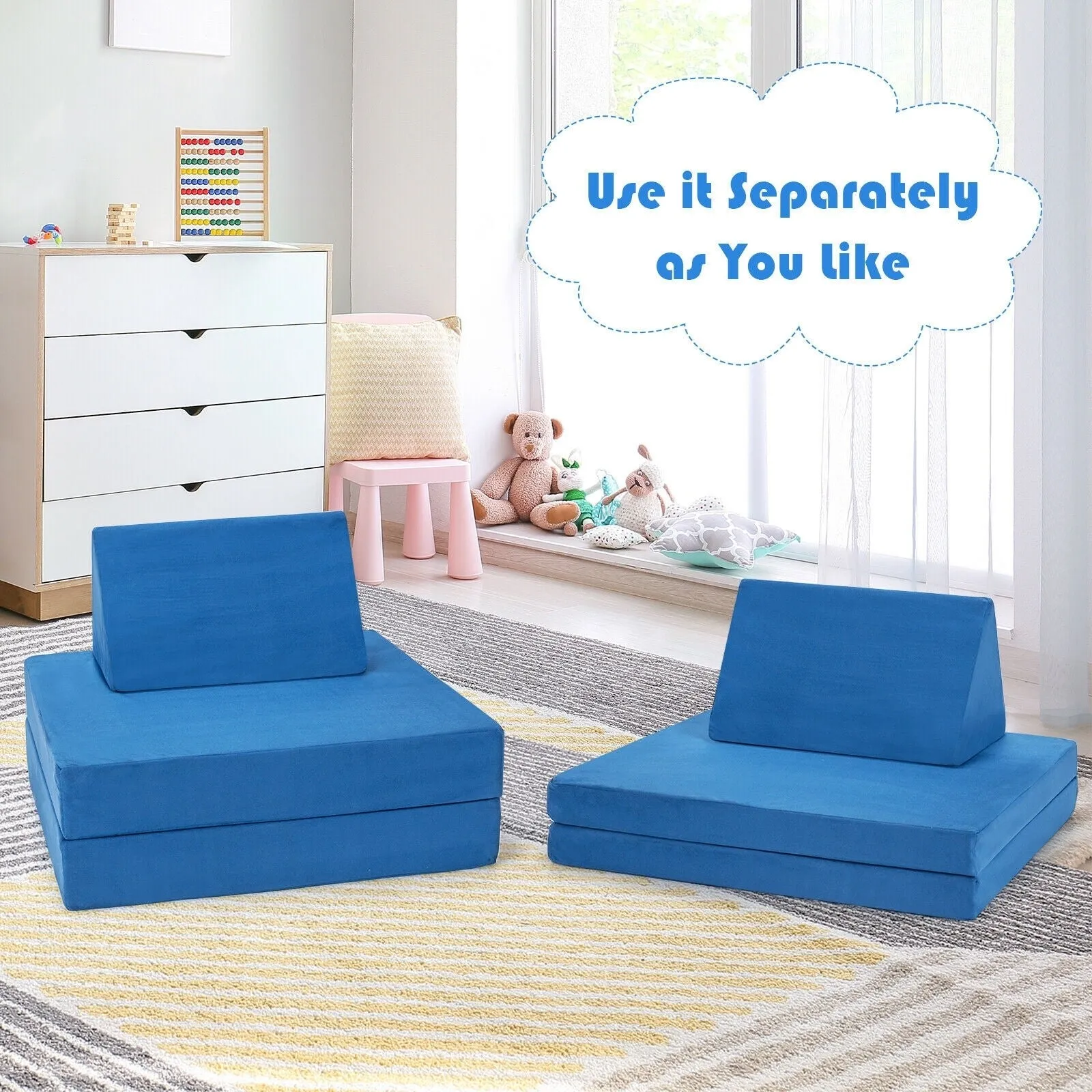 4-Piece Convertible Kids Couch Set with 2 Folding Mats and 2 Triangular Pillows - Blue