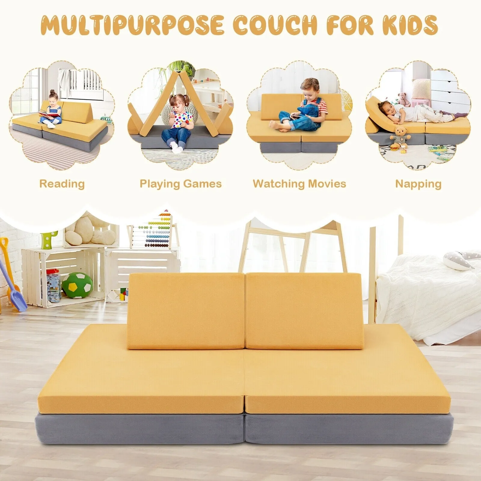 4- Piece Convertible Kids Couch Set with 2 Folding Mats and 2 Triangular Pillows - Yellow