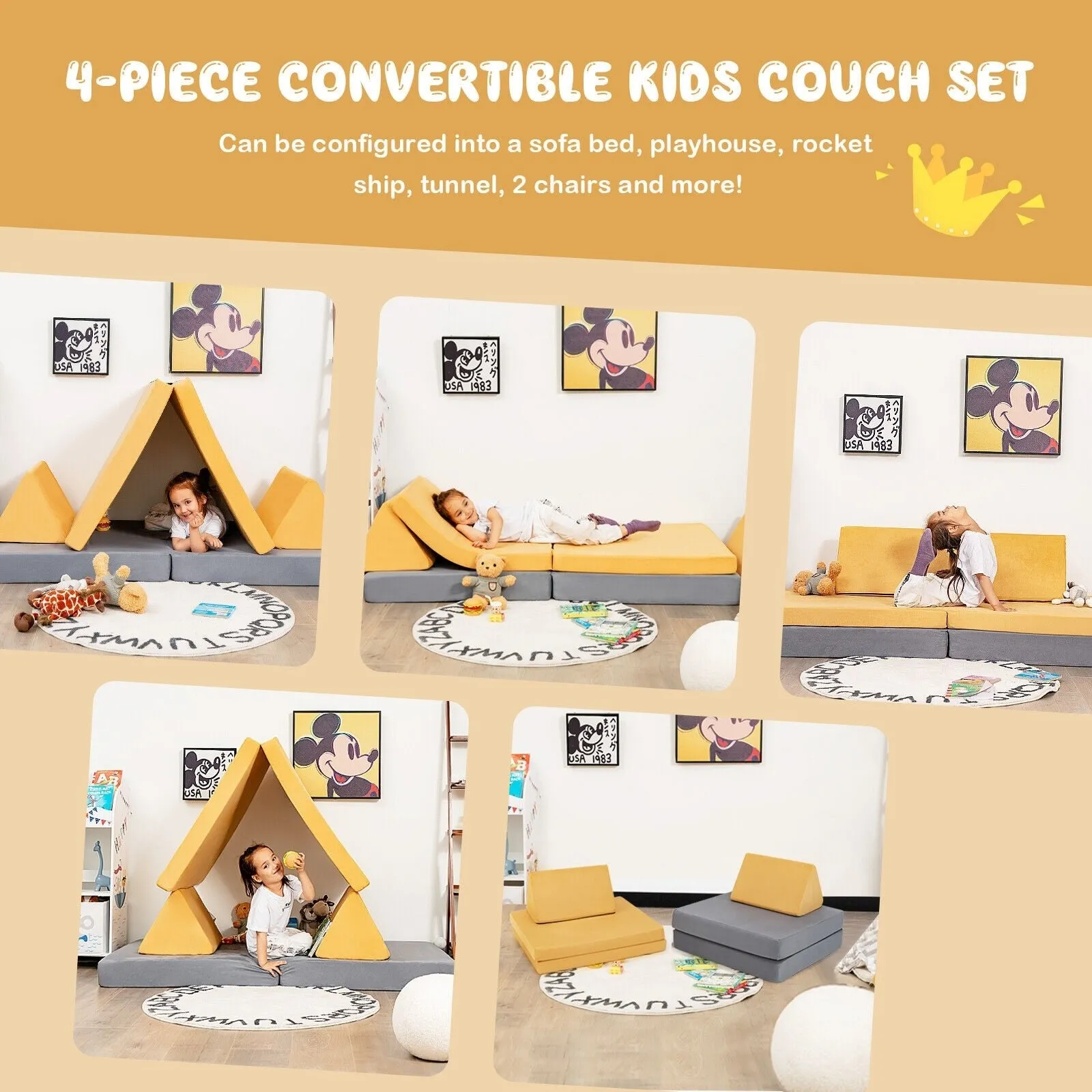 4- Piece Convertible Kids Couch Set with 2 Folding Mats and 2 Triangular Pillows - Yellow