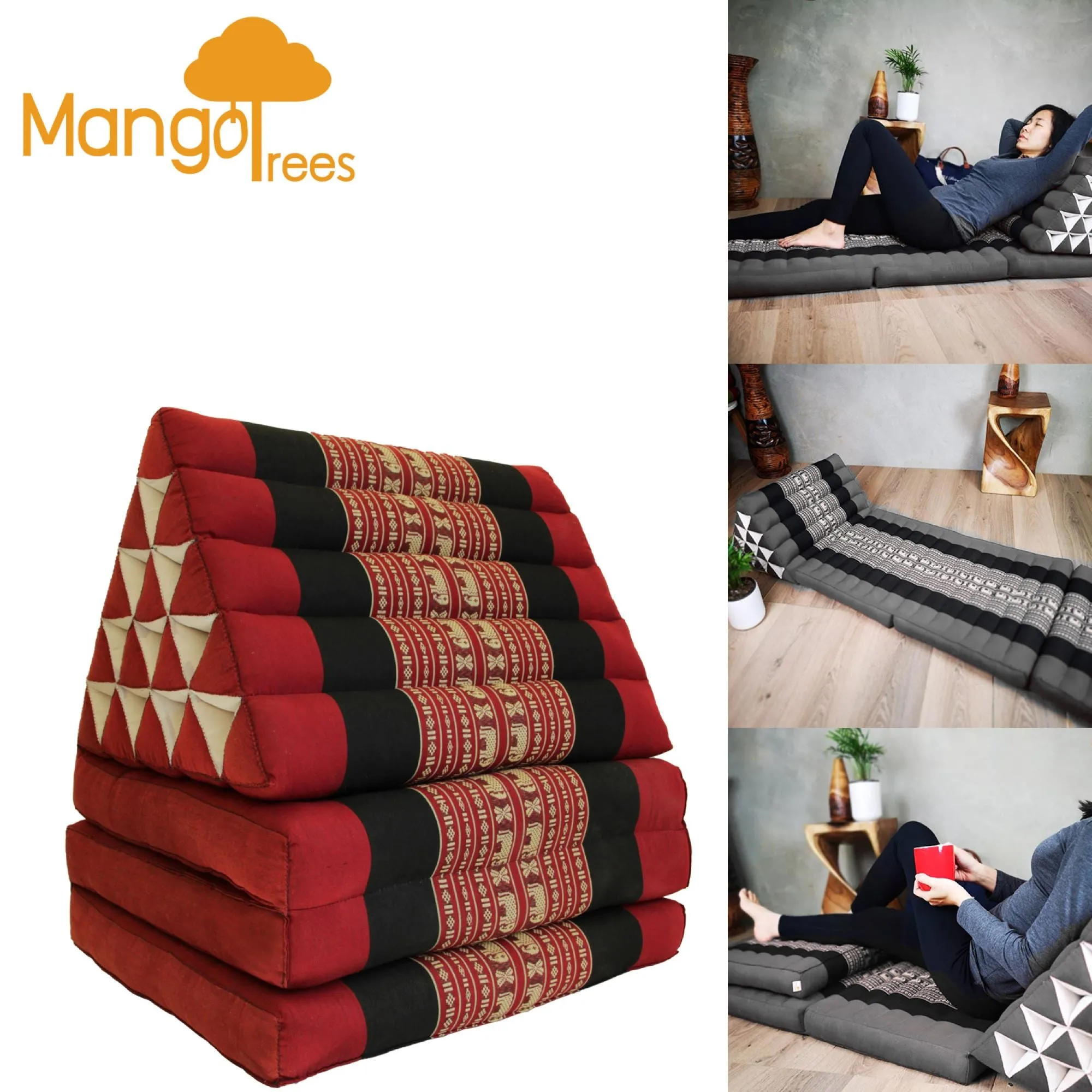 Day bed roll out mattress 3-Folds with backrest Cushion -100% Thailand handmade Kapok-Red