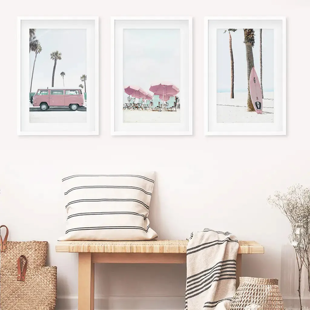 Girl's Nursery Beach Wall Art. Pink Surfboard, Bus, Umbrella