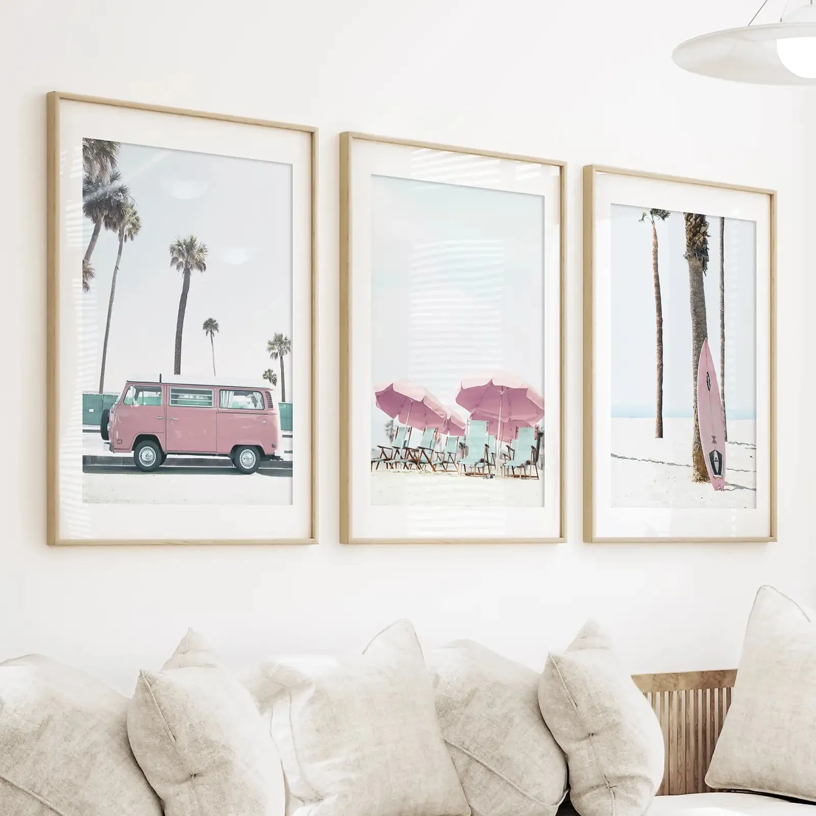 Girl's Nursery Beach Wall Art. Pink Surfboard, Bus, Umbrella