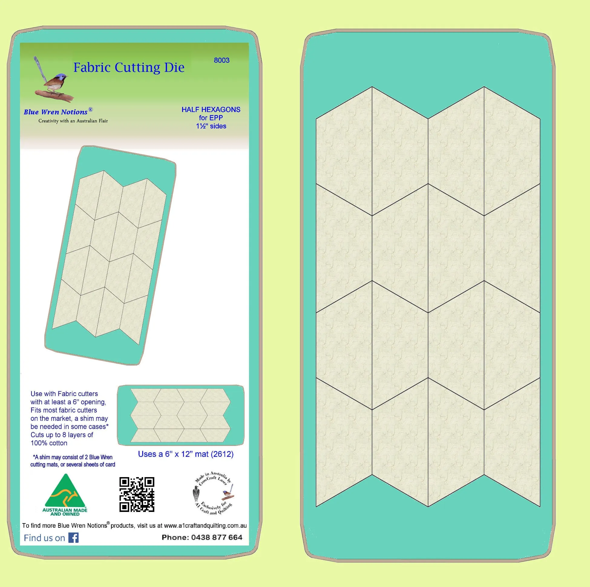 Half Hexagons for Paper piecing templates 1½" cut sides - 8003-includes cutting mat