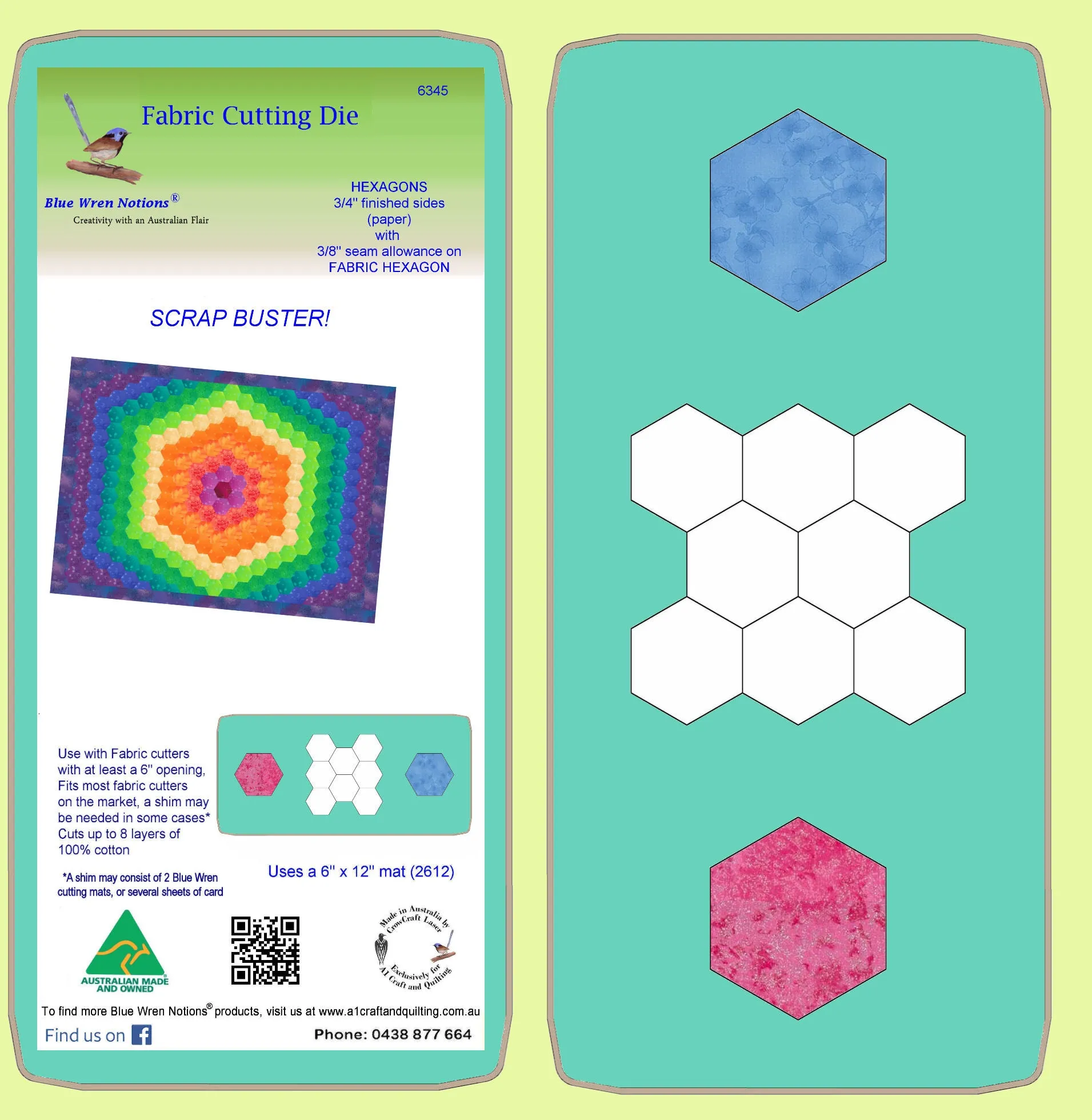 Hexagons 3/4" cut sides (paper) - 3/8"seam for Fabric shapes - 6345 - includes cutting mat