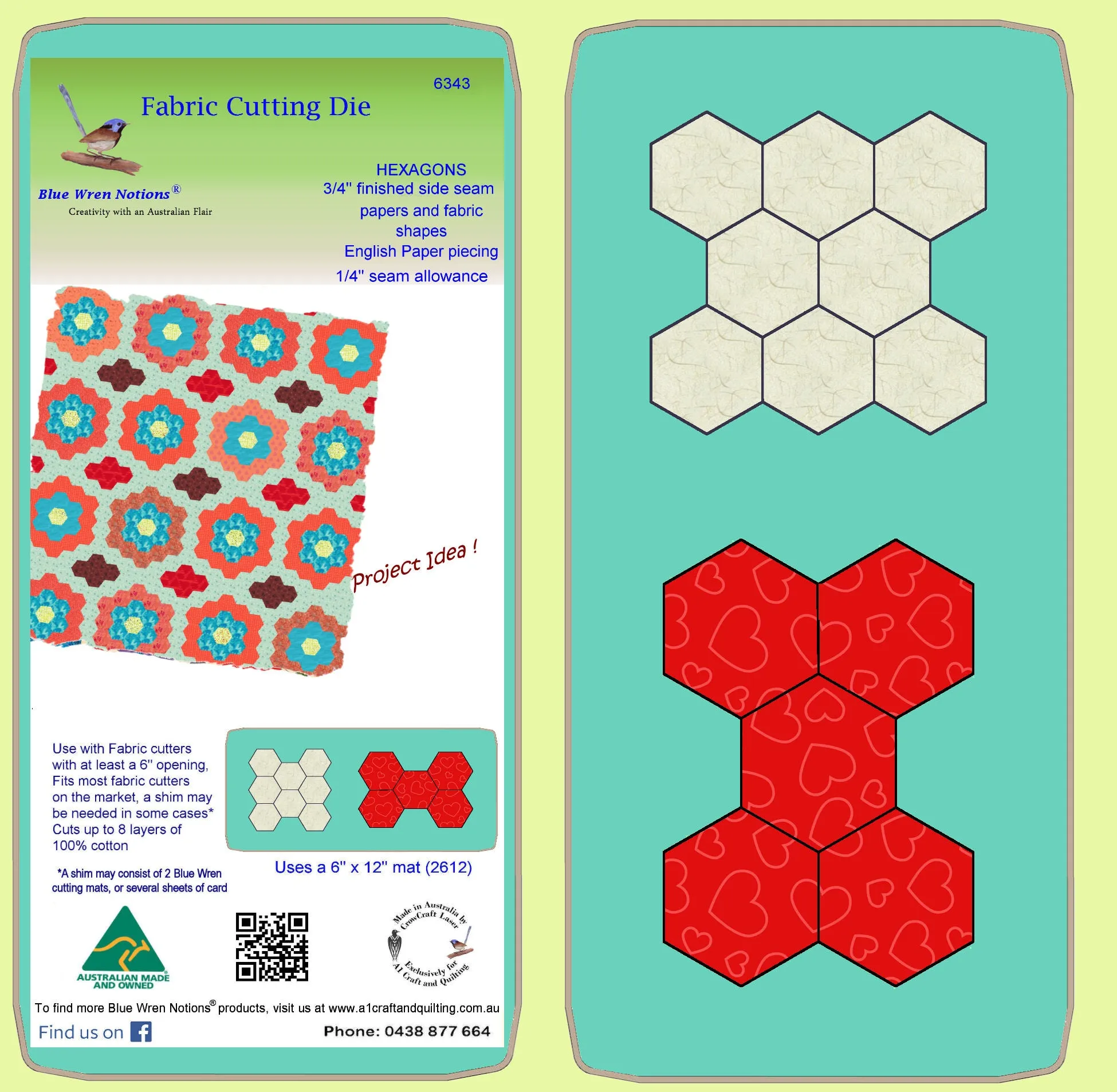 Hexagons 3/4" finished sides - 1/4"seam - Paper and Fabric shapes - 6343 - includes cutting mat