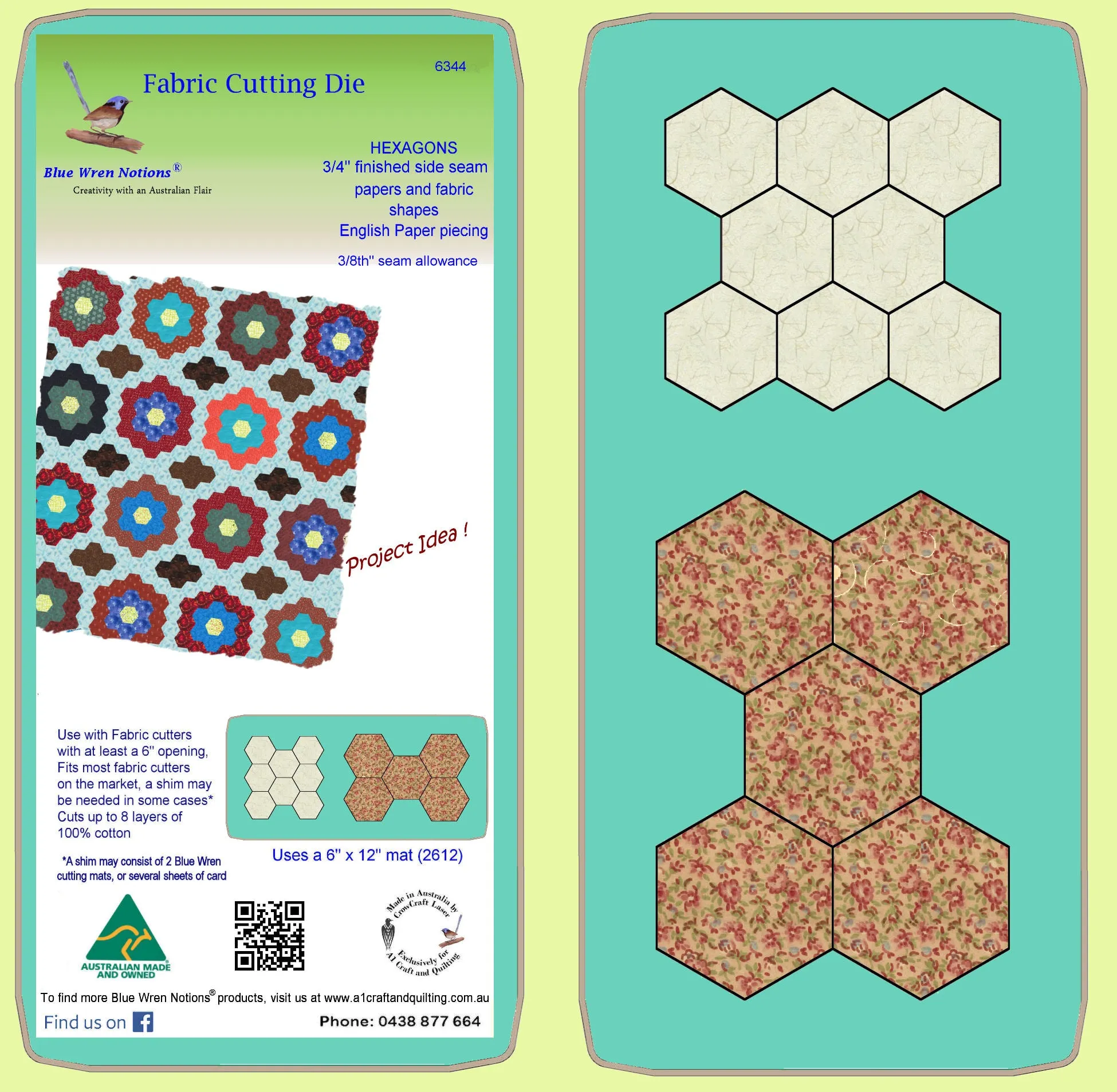 Hexagons 3/4" finished sides - 3/8"seam allowance - Paper and Fabric shapes - 6344 - includes cutting mat