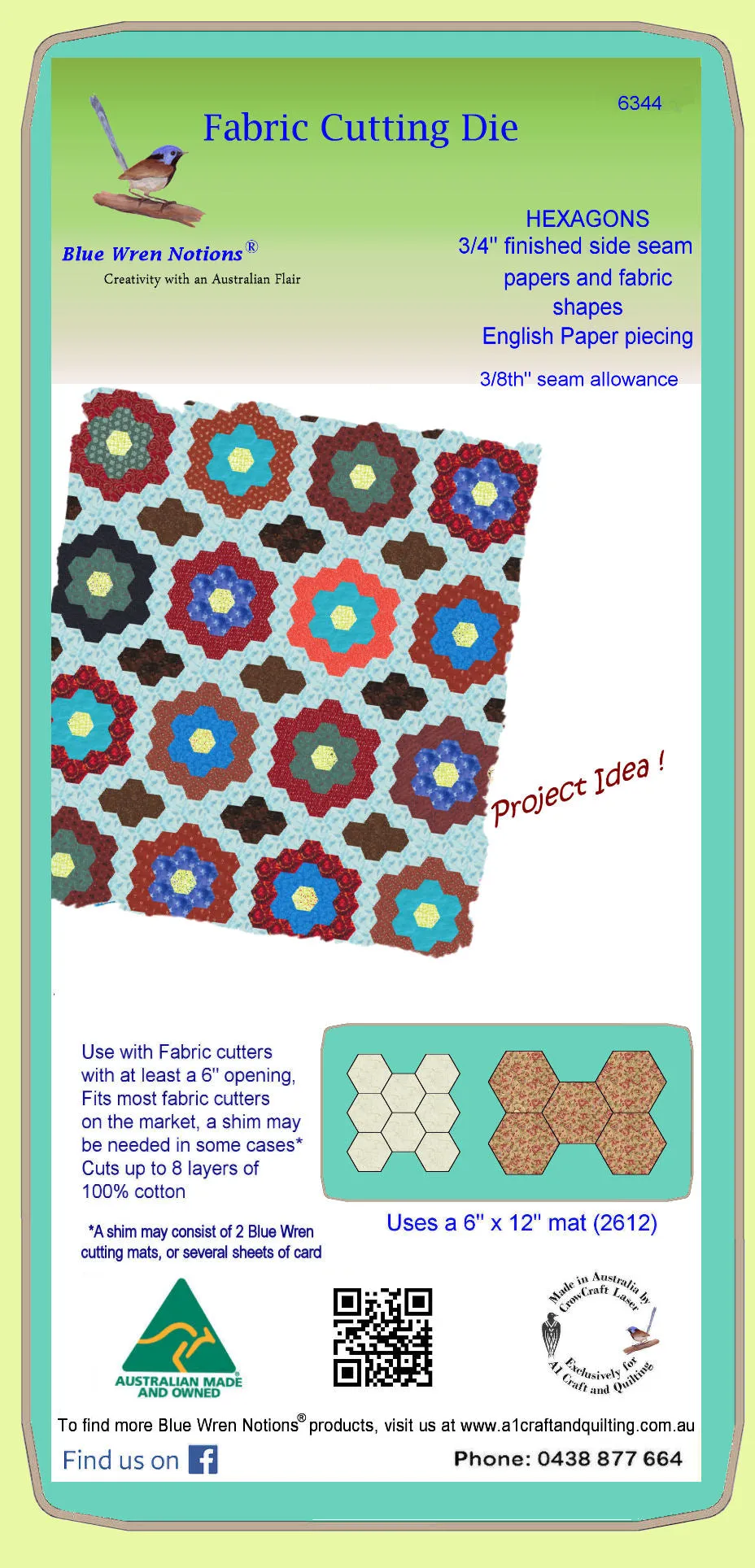 Hexagons 3/4" finished sides - 3/8"seam allowance - Paper and Fabric shapes - 6344 - includes cutting mat