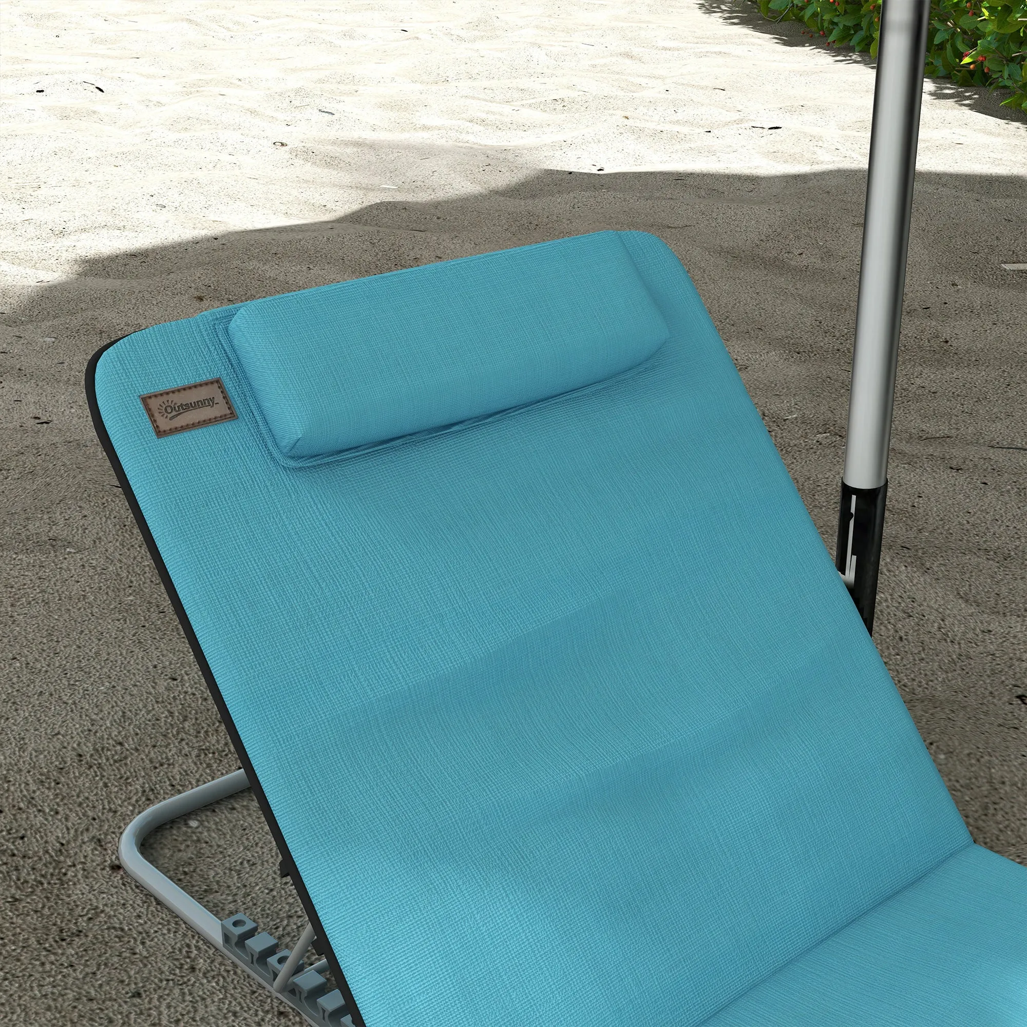 Metal Frame PE Fabric 2 Pieces Outdoor Beach Reclining Chair Set w/ Pillow Blue