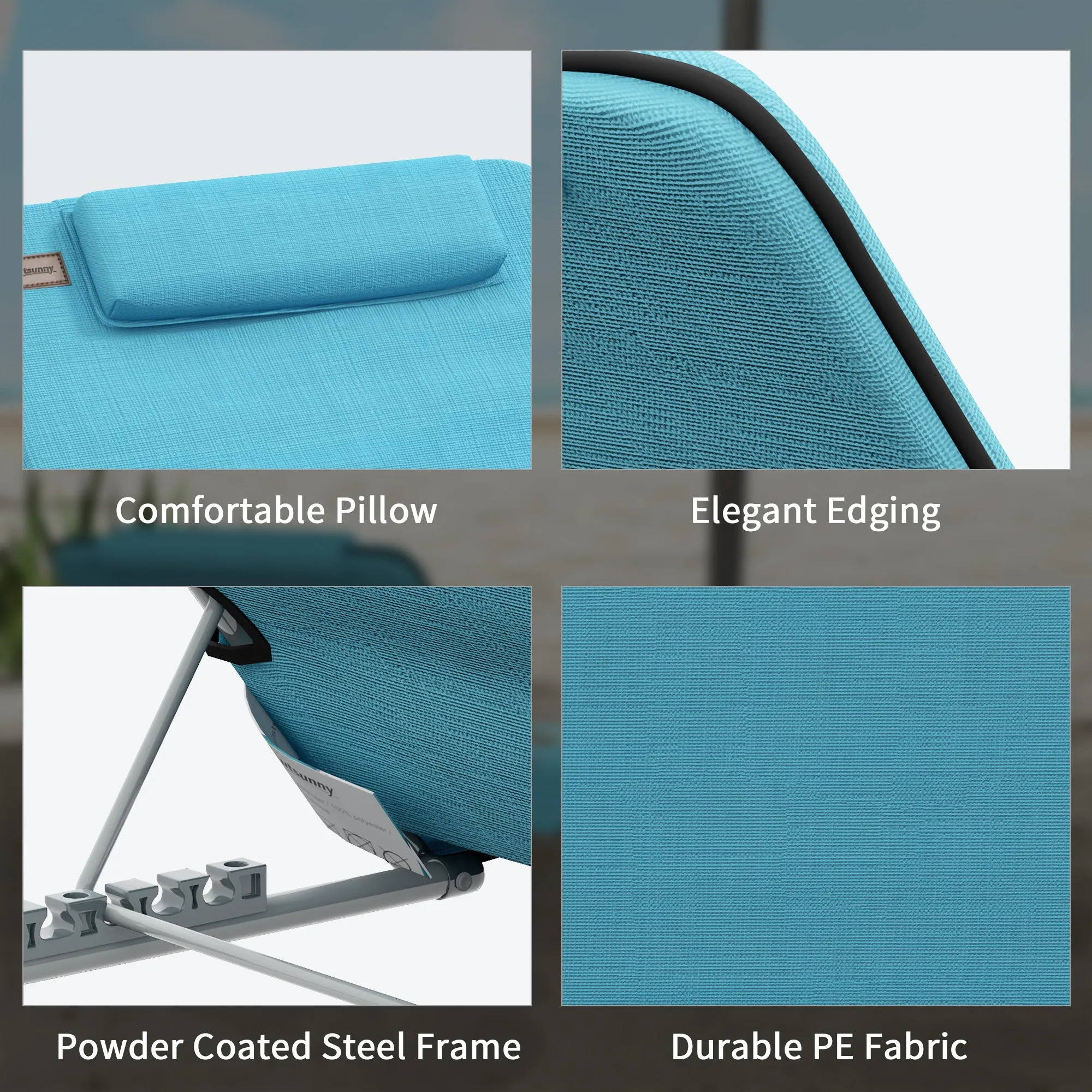 Metal Frame PE Fabric 2 Pieces Outdoor Beach Reclining Chair Set w/ Pillow Blue