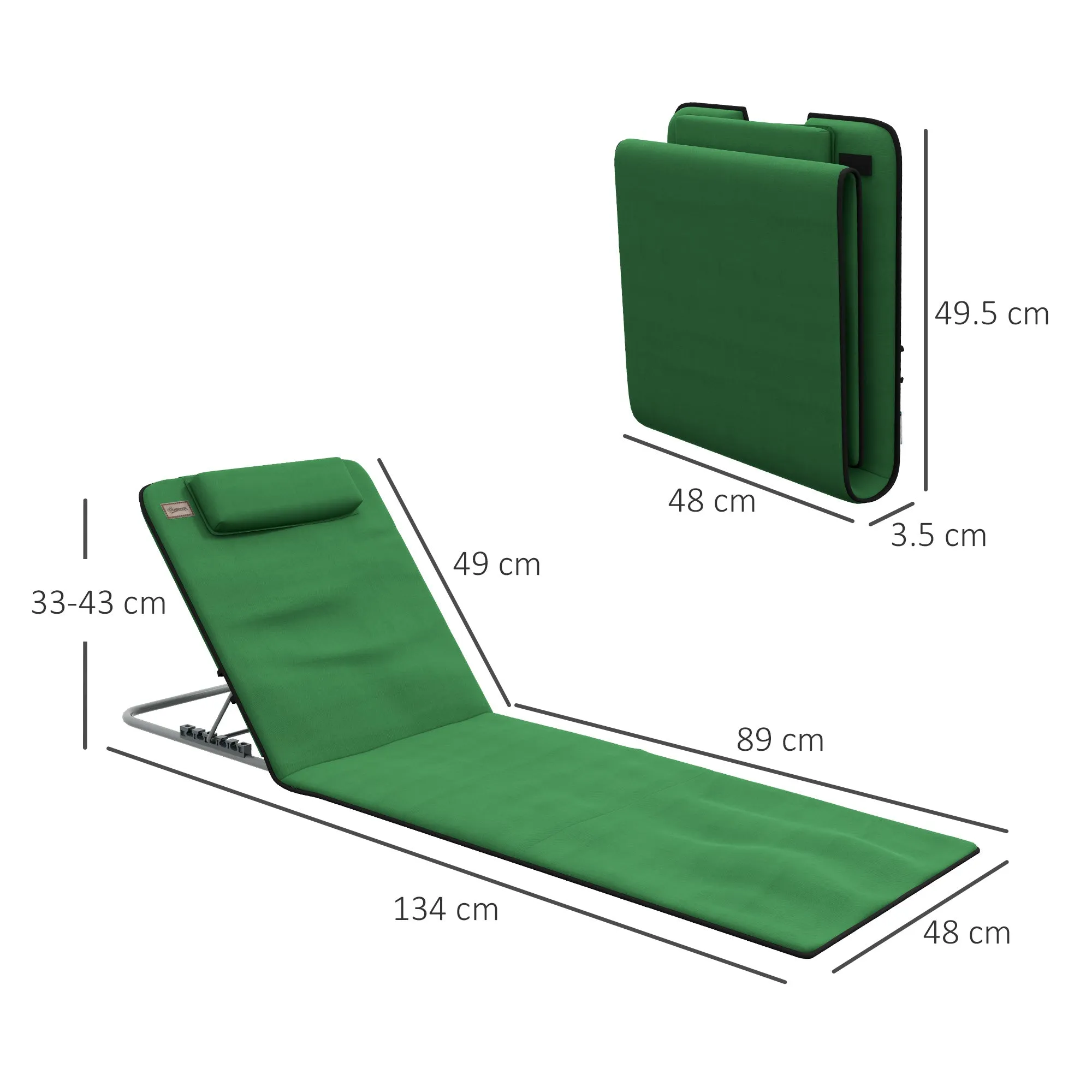 Metal Frame PE Fabric 2 Pieces Outdoor Beach Reclining Chair Set w/ Pillow Green