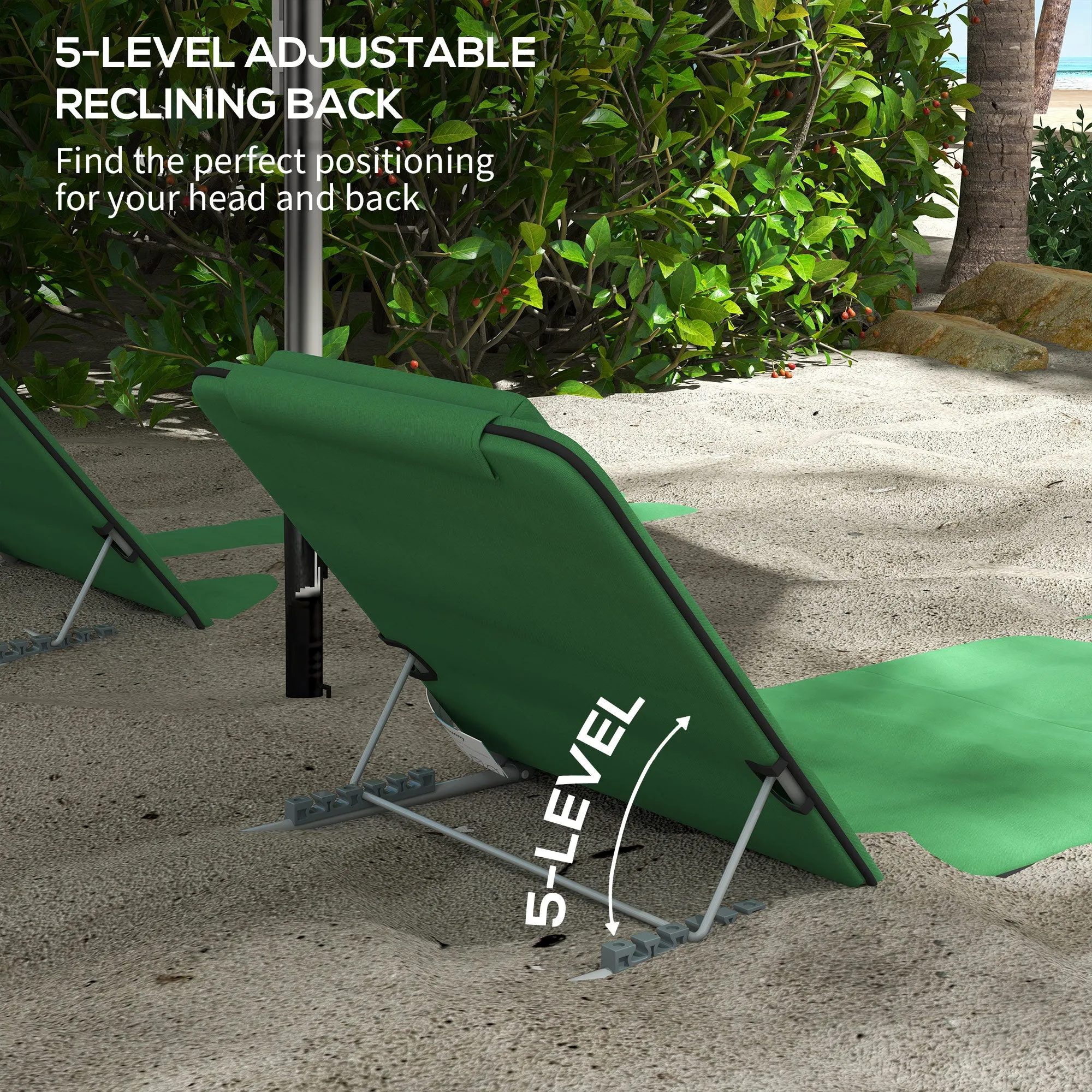 Metal Frame PE Fabric 2 Pieces Outdoor Beach Reclining Chair Set w/ Pillow Green