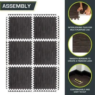 NEW - ProsourceFit Wood Grain Puzzle Mat 1/2-in, Carbon Black, 24 Sq Ft - 6 Tiles