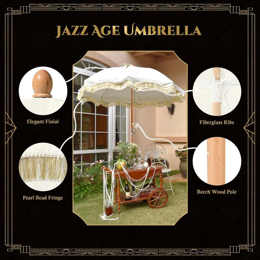 Patio Umbrella Tilt Wooden 6ft 8-Rib Beige Tassel