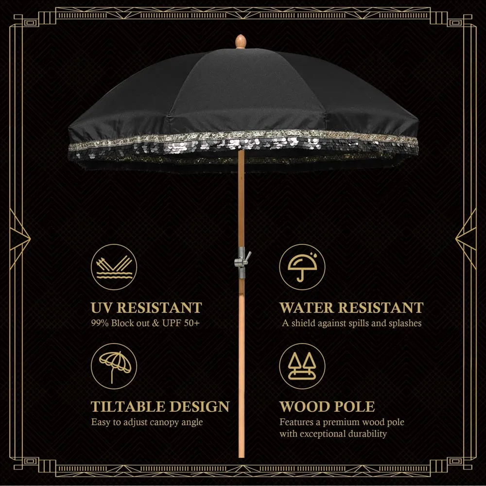 Patio Umbrella Tilt Wooden 6ft 8-Rib Black Sequin