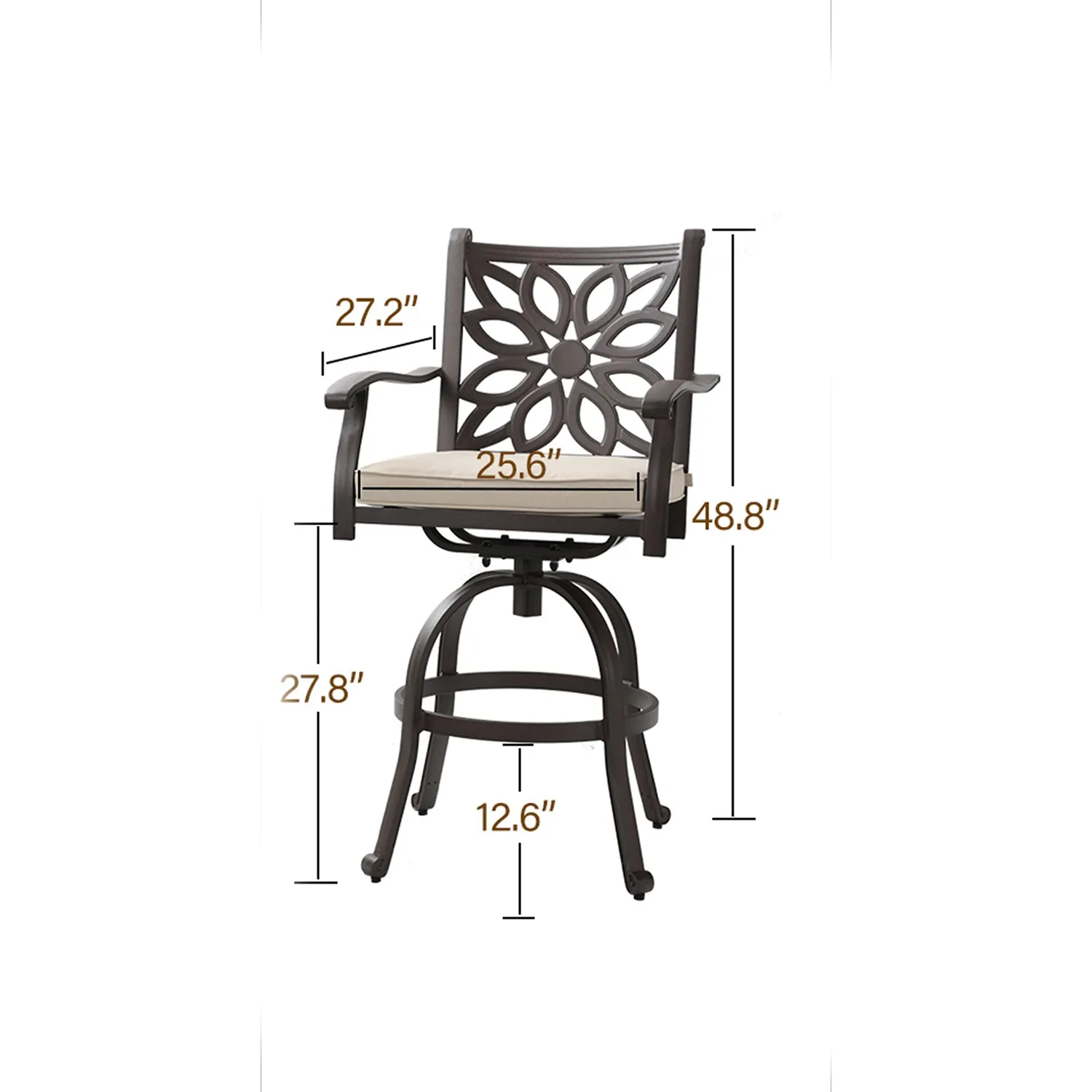 Phi Villa Cast Aluminum High Bar Dining Set  With Round Table and 6 Swivel Bar Stool Chairs