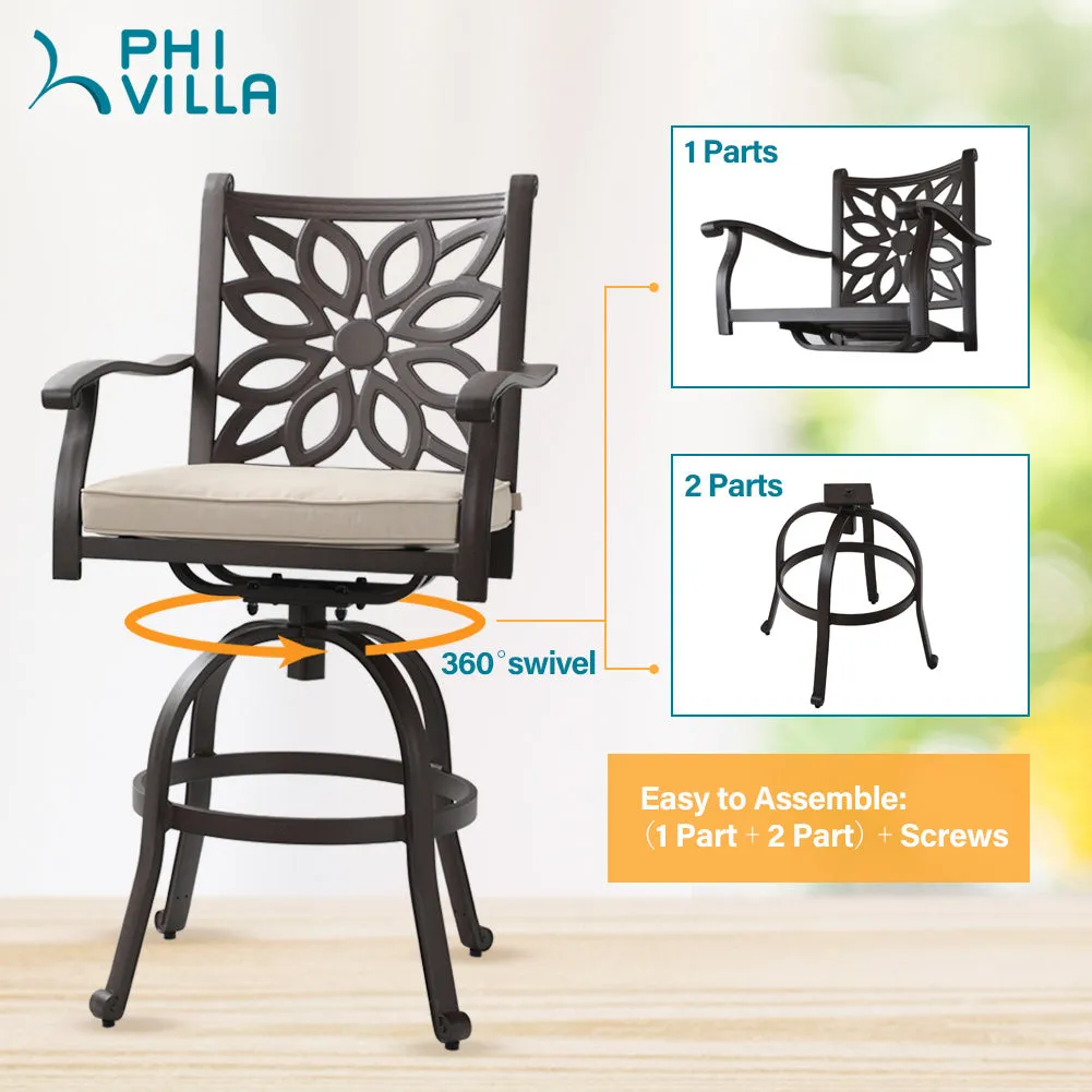 Phi Villa Cast Aluminum High Bar Dining Set  With Round Table and 6 Swivel Bar Stool Chairs