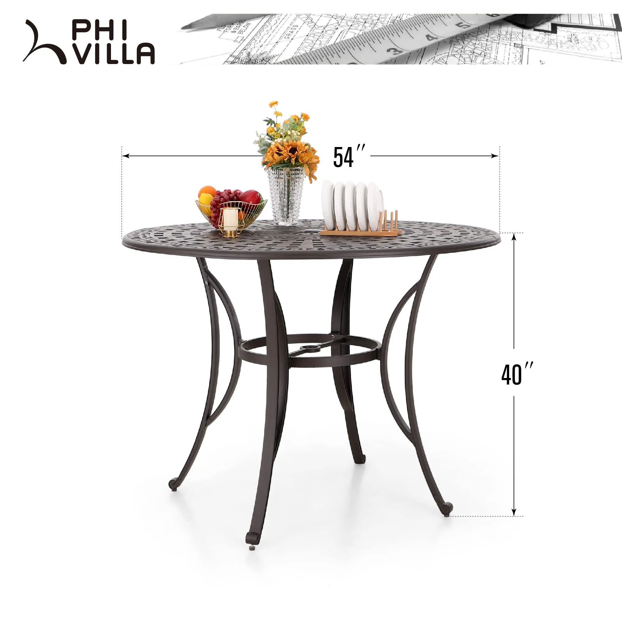 Phi Villa Cast Aluminum High Bar Dining Set  With Round Table and 6 Swivel Bar Stool Chairs