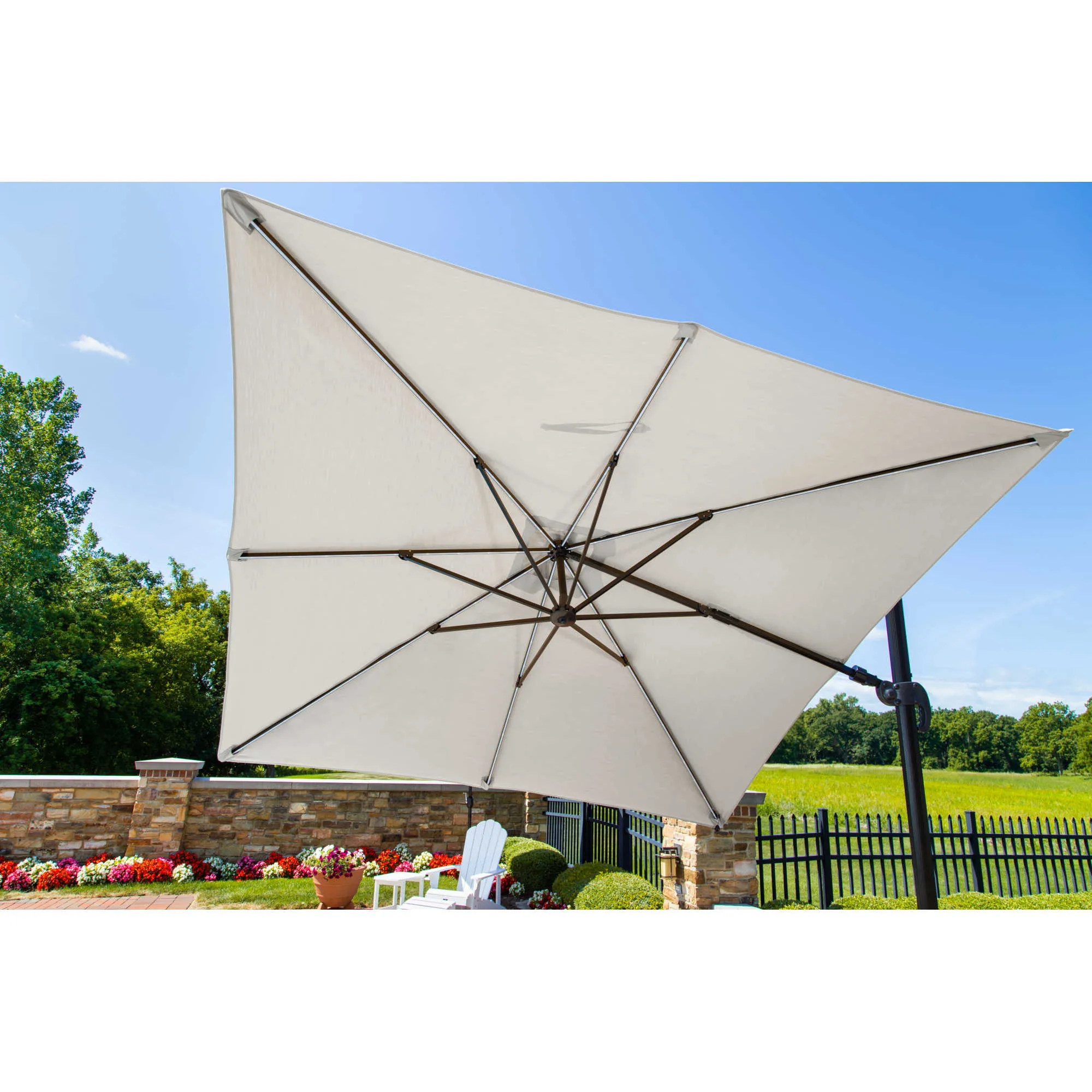 Santorini Fiesta 10-ft Square Cantilever Umbrella with Solar Lights in Sunbrella Acrylic Fabric