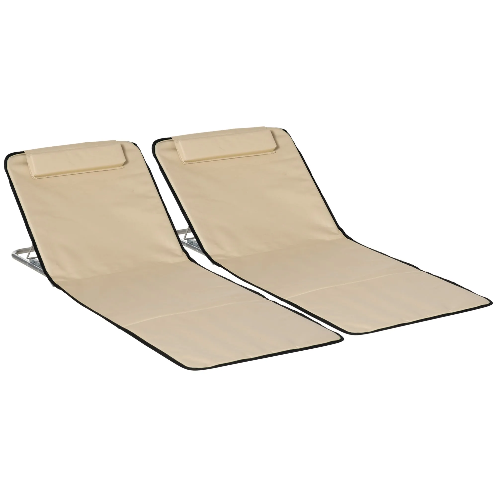 Set of 2 Foldable Garden Beach Chair Mat Lightweight Outdoor Sun Lounger Seats Adjustable Back Metal Frame PE Fabric Head Pillow, Beige