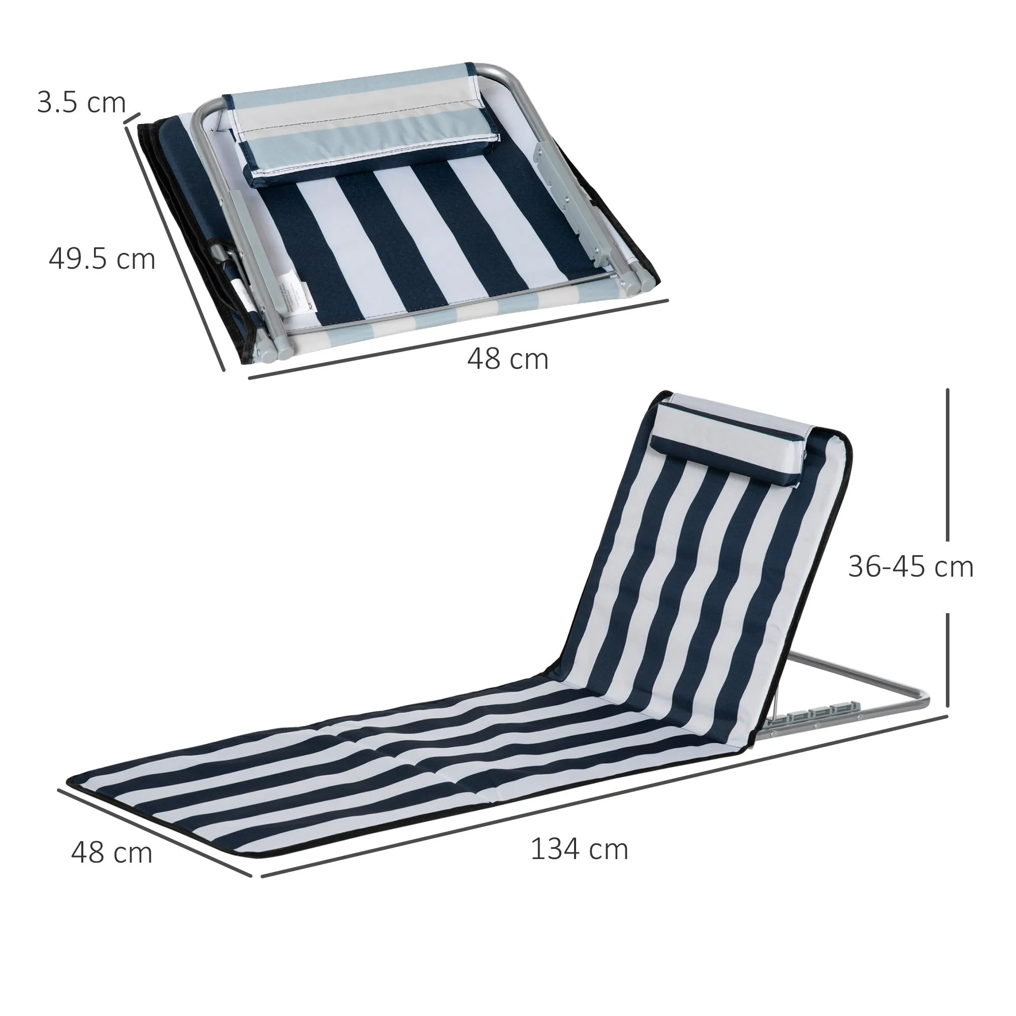 Set of 2 Foldable Garden Beach Chair Mat Lightweight Outdoor Sun Lounger Seats Adjustable Back Metal Frame PE Fabric Head Pillow, Blue