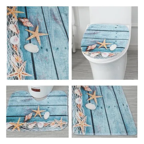 Set Of 3 Pcs, Bath Mat Set for Bathroom, Starfish Design, Blue Color.