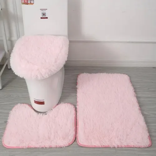 Set of 3pcs Plush Bathroom Bath Mat Anti Slip, Light Pink Color.