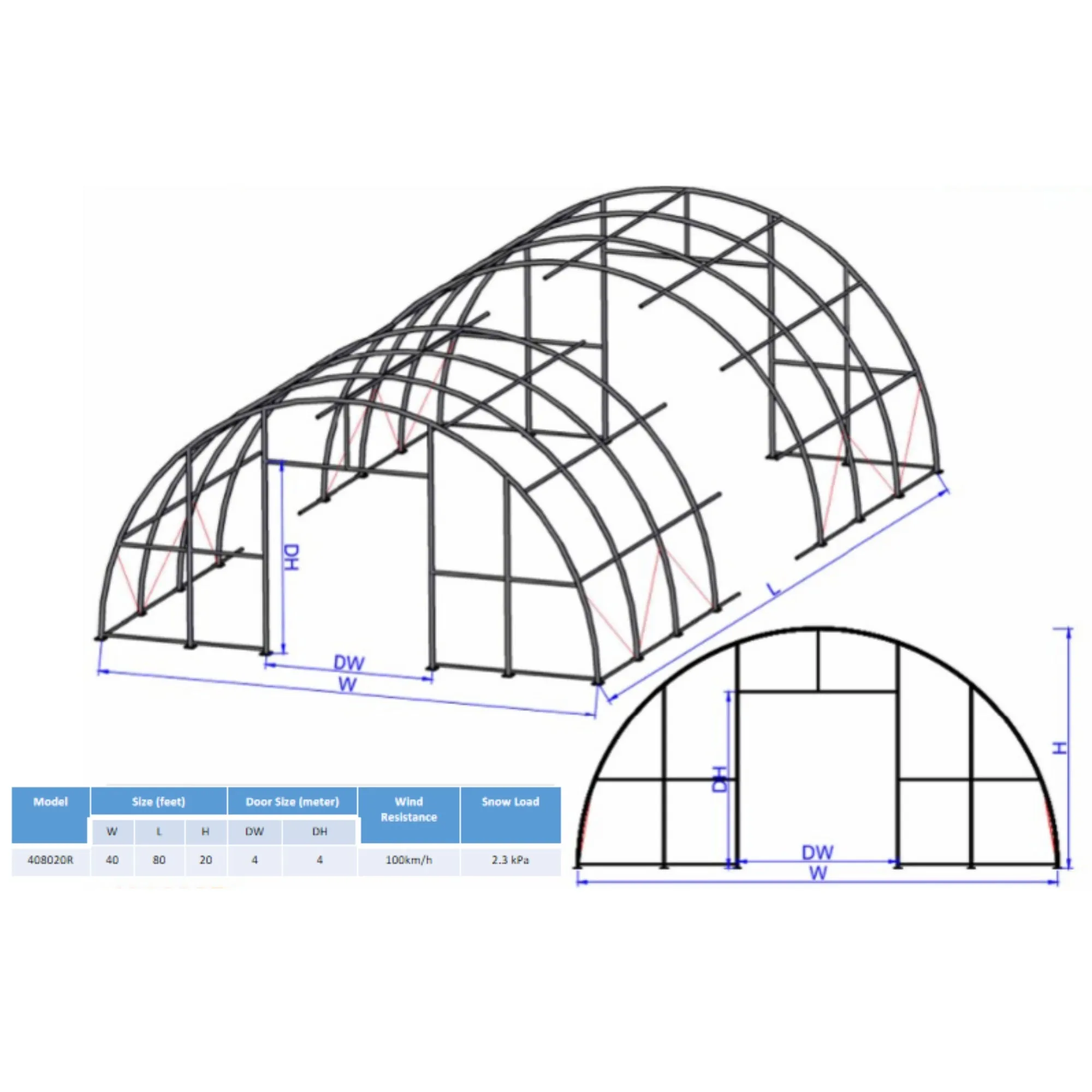 Single Truss Arch Storage Shelter W40'xL80'xH20'