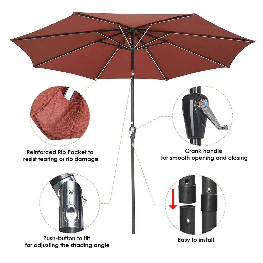 Solar Patio Umbrella with Light Tubes Tilt Metal 10ft 8-Rib