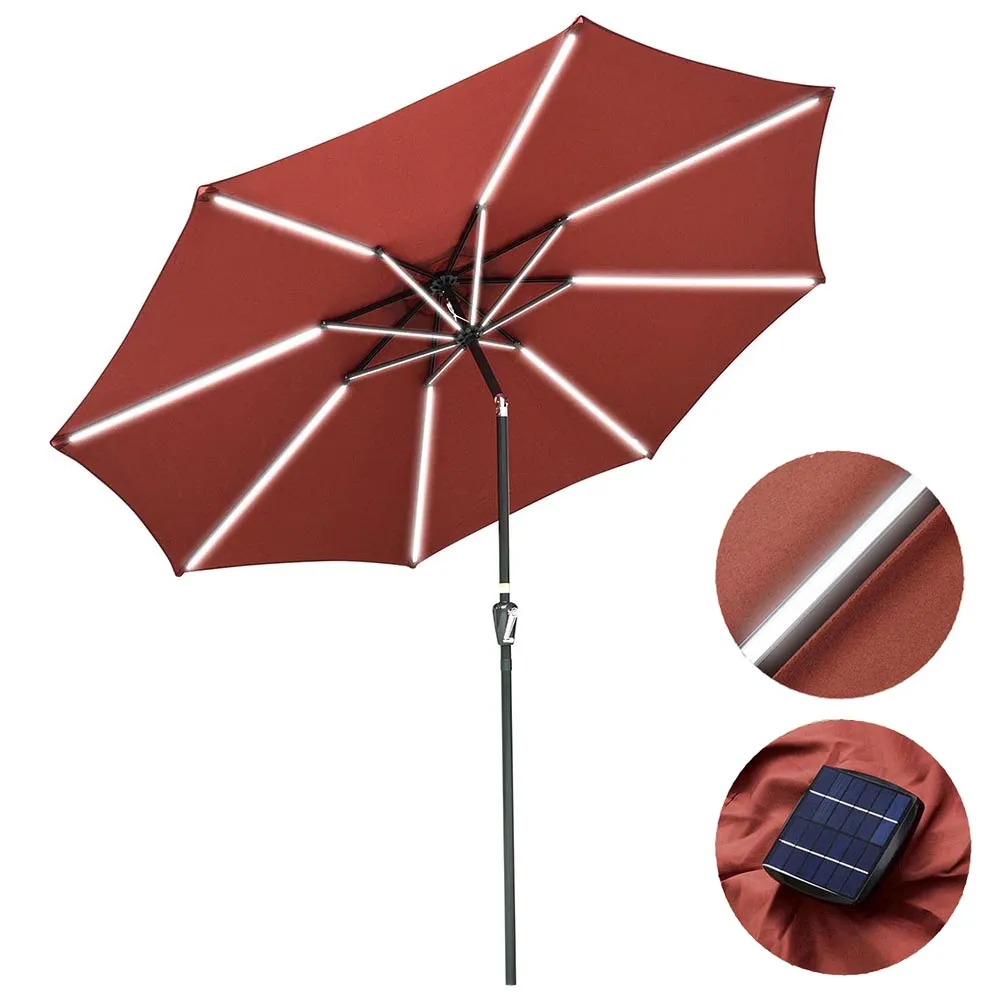 Solar Patio Umbrella with Light Tubes Tilt Metal 10ft 8-Rib