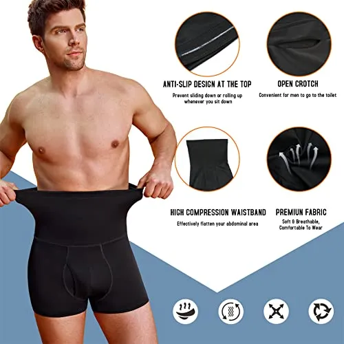 TAILONG Men Tummy Control Shorts High Waist Slimming Underwear Body Shaper Seamless Belly Girdle Boxer Briefs (Black with Fly, XL)