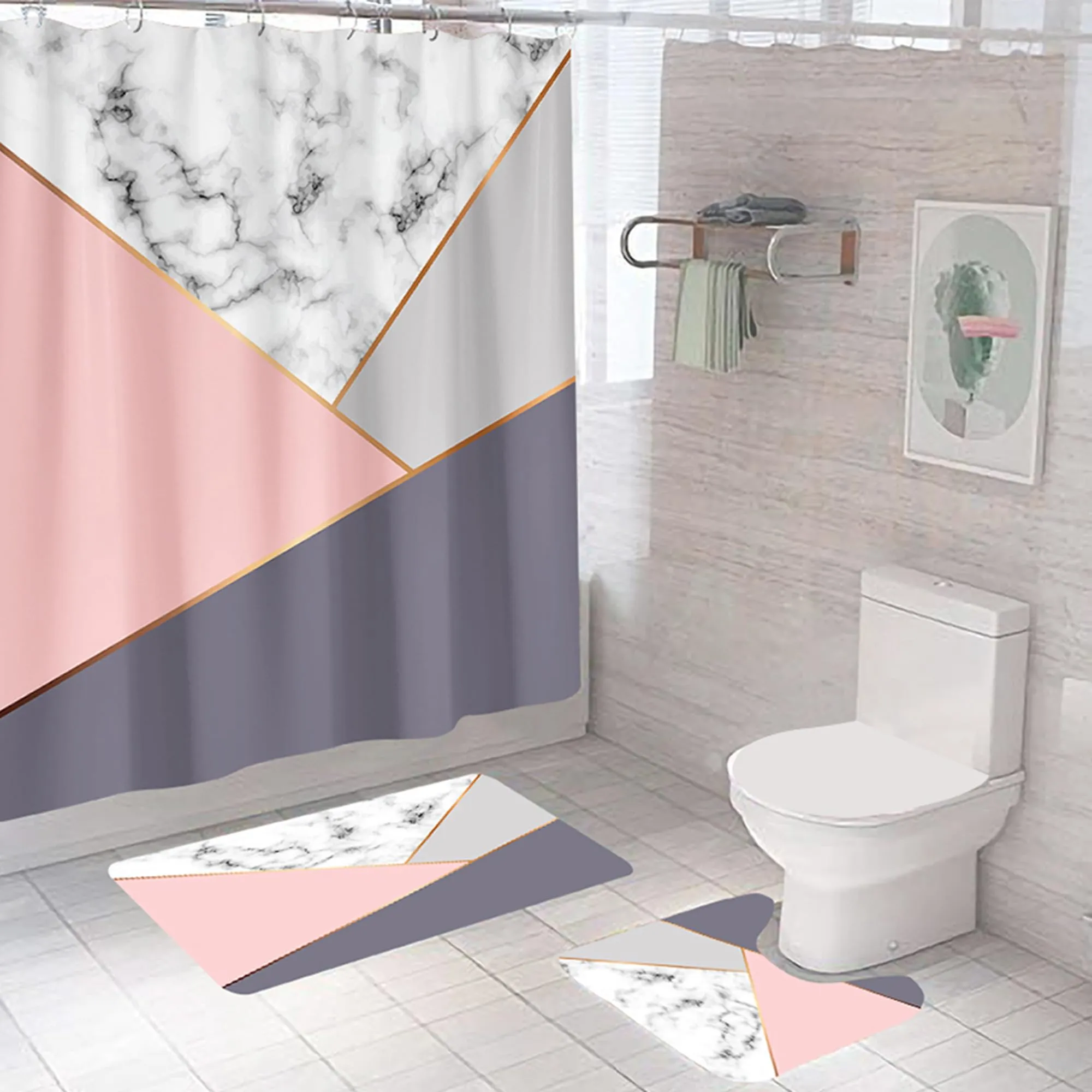 The Better Home Shower Curtain(180*220cm) Bathroom Mat(45*75cm) & U Shaped Mat(45*38cm) | 3Pcs Bathroom Accessories Set | Anti Skid Mat For Bathroom Floor | Water-Poof Polyester Material | Multicolor