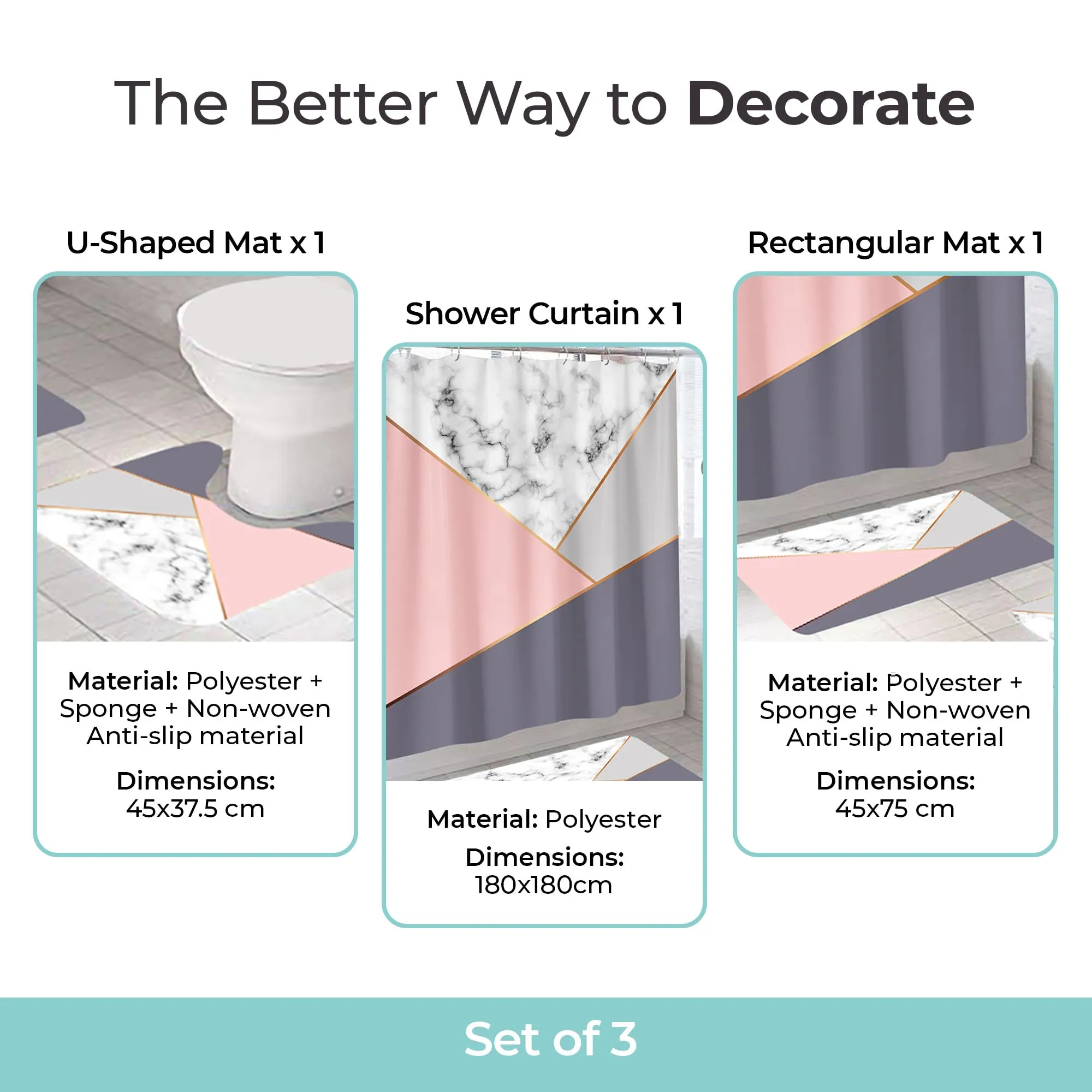 The Better Home Shower Curtain(180*220cm) Bathroom Mat(45*75cm) & U Shaped Mat(45*38cm) | 3Pcs Bathroom Accessories Set | Anti Skid Mat For Bathroom Floor | Water-Poof Polyester Material | Multicolor