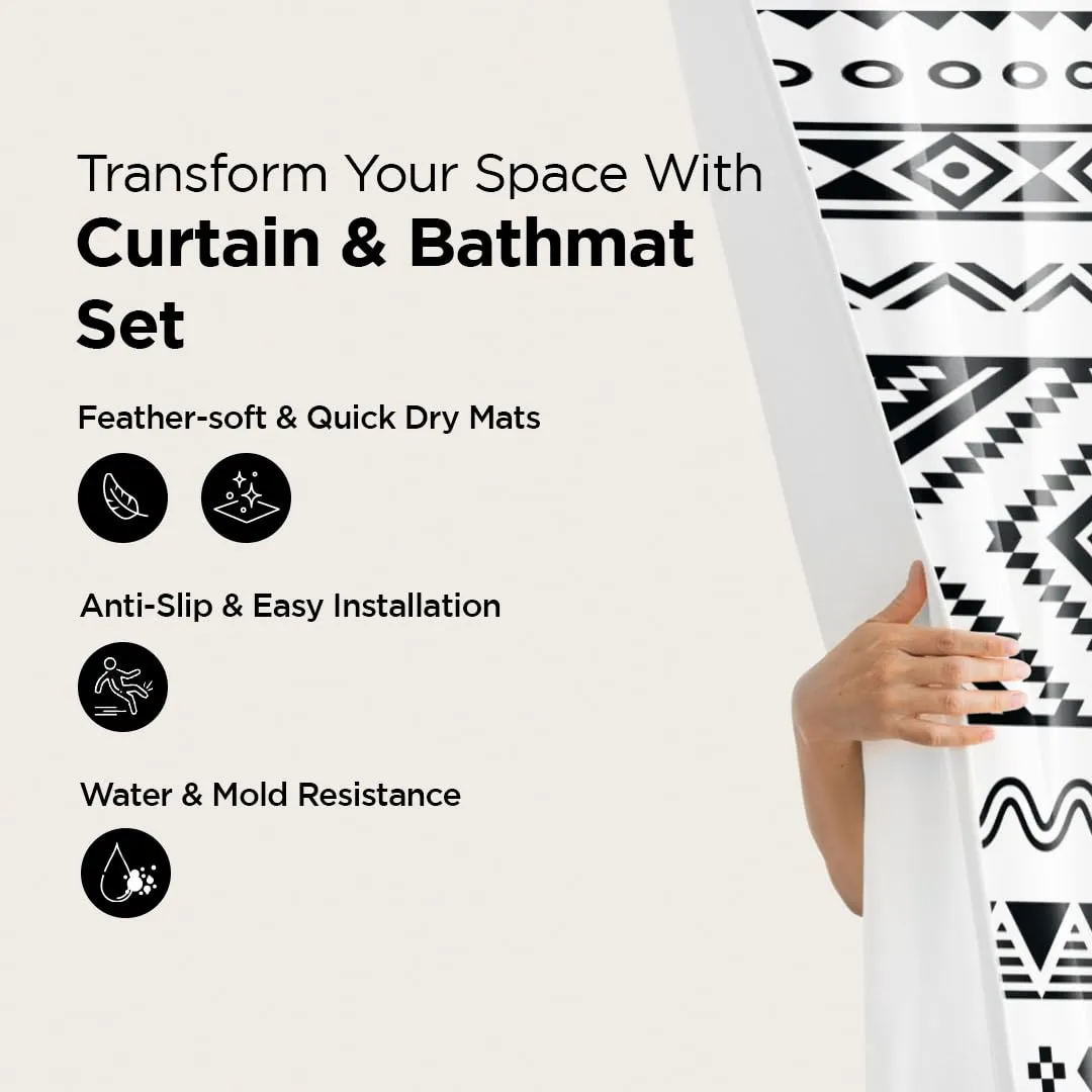 UMAI Shower Curtain (180X180 cm) & Bathmat 3 Pcs Set|6ft|Creative Vibrant Coloured Polyster Curtain Sets with Non-Slip Bath mats for Bathroom|Easy-Slide Curtains (Black-White)