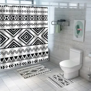 UMAI Shower Curtain (180X180 cm) & Bathmat 3 Pcs Set|6ft|Creative Vibrant Coloured Polyster Curtain Sets with Non-Slip Bath mats for Bathroom|Easy-Slide Curtains (Black-White)